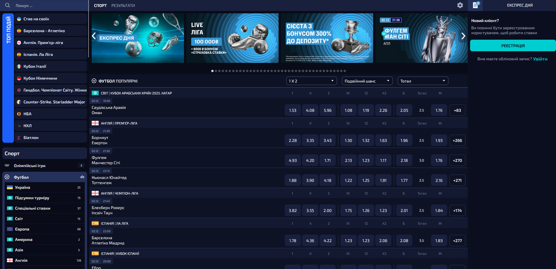 Лінія спортивних подій Allwin UA для ставок на матчі